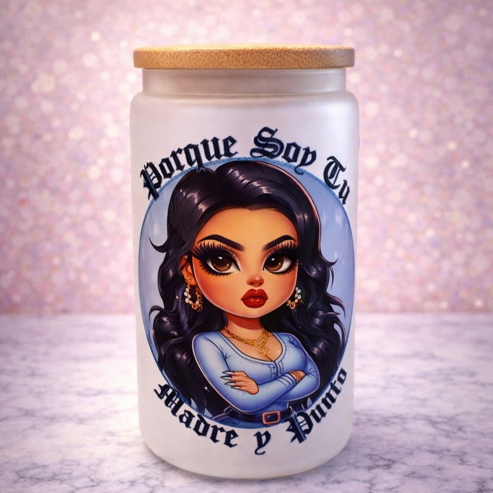 Frosted Glass Tumbler with Illustrated Latina Artwork - Light Blue
